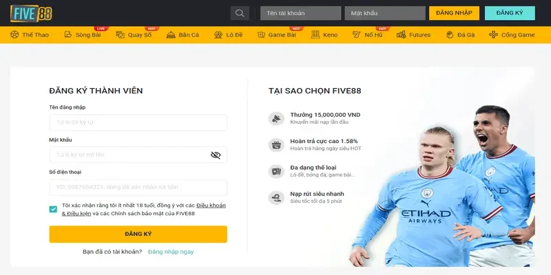 Đăng ký tài khoản Five88 dễ dàng